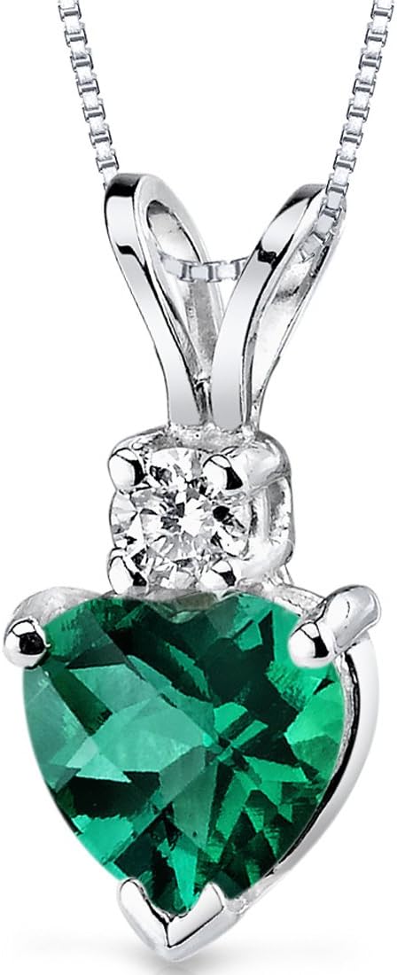 PEORA Created Emerald with Genuine Diamond Pendant for Women 14K White Gold, 0.82 Carat total Heart Shape Solitaire, Green Emerald Jewelry, May Birthstone, Gifts for Birthday, Anniversary, Wedding