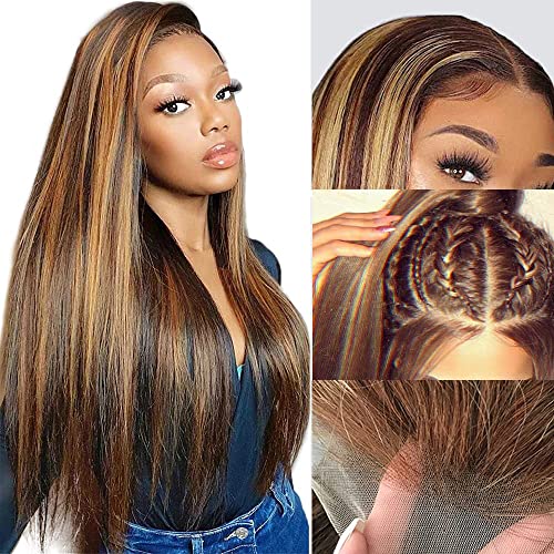 13x4 Free Part Highlight Wig Human Hair Ombre Highlight Colored Wig Human Hair HD Lace Front Wig Human Hair Straight Wigs Pre Plucked with Baby Hair Highlight Brown Wigs for Black Women (with 5 Gifts)