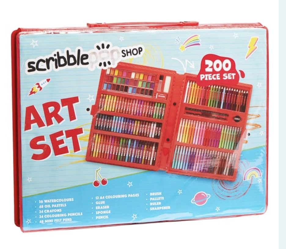 Art Set, 200 Piece, with Watercolours, Oil Pastels, Crayons, Colouring Pencils, Felt Pens, and Accessories