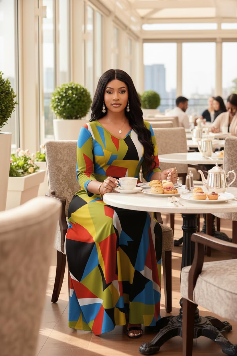 FANDEE Maxi Dress for Women 3/4 Sleeve A line V Neck African Print Church Long Dresses with Pockets - Image 4