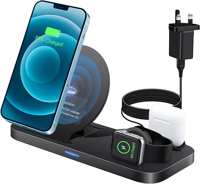 3 in 1 Wireless Charger, 10W Fast Charging Dock Station for Phone & Watch & AirPods, Foldable Charging Stand Compatible with iPhone 14/13/12/11/X/8 and AirPods iWatch Series