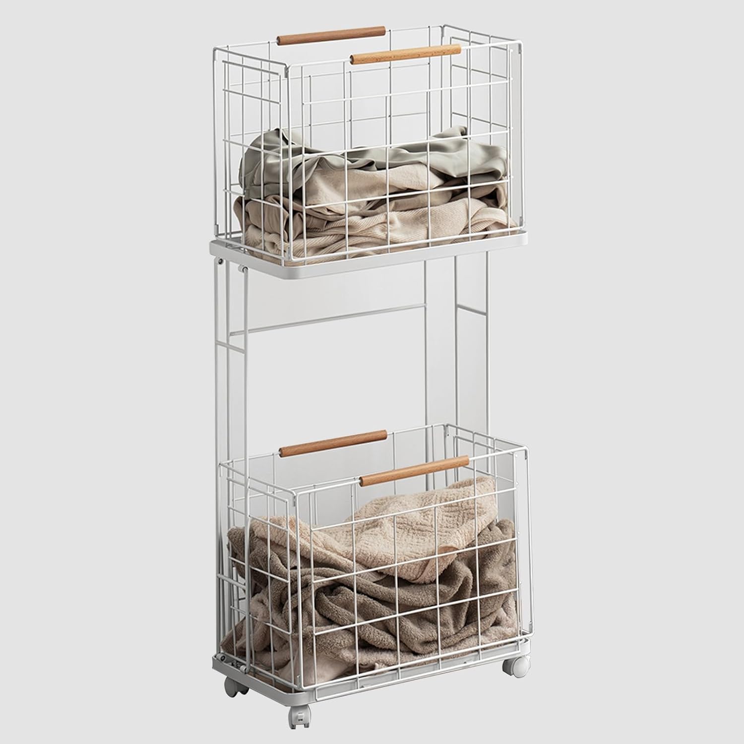 Iron Laundry Basket with Wheels - Double-Layer Hamper with Handles, Split Design for Easy Carrying - Perfect for Dirty Clothes Organization and Storage