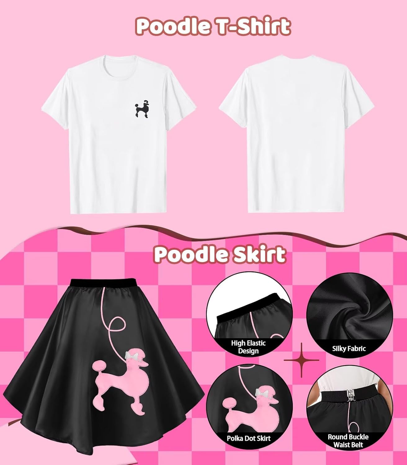 10Pcs Sock Hop Outfits Women, 1950s Poodle Skirts, Poodle T-Shirt with 50s Accessories Socks Scarf Headband Belt Earring - Image 4