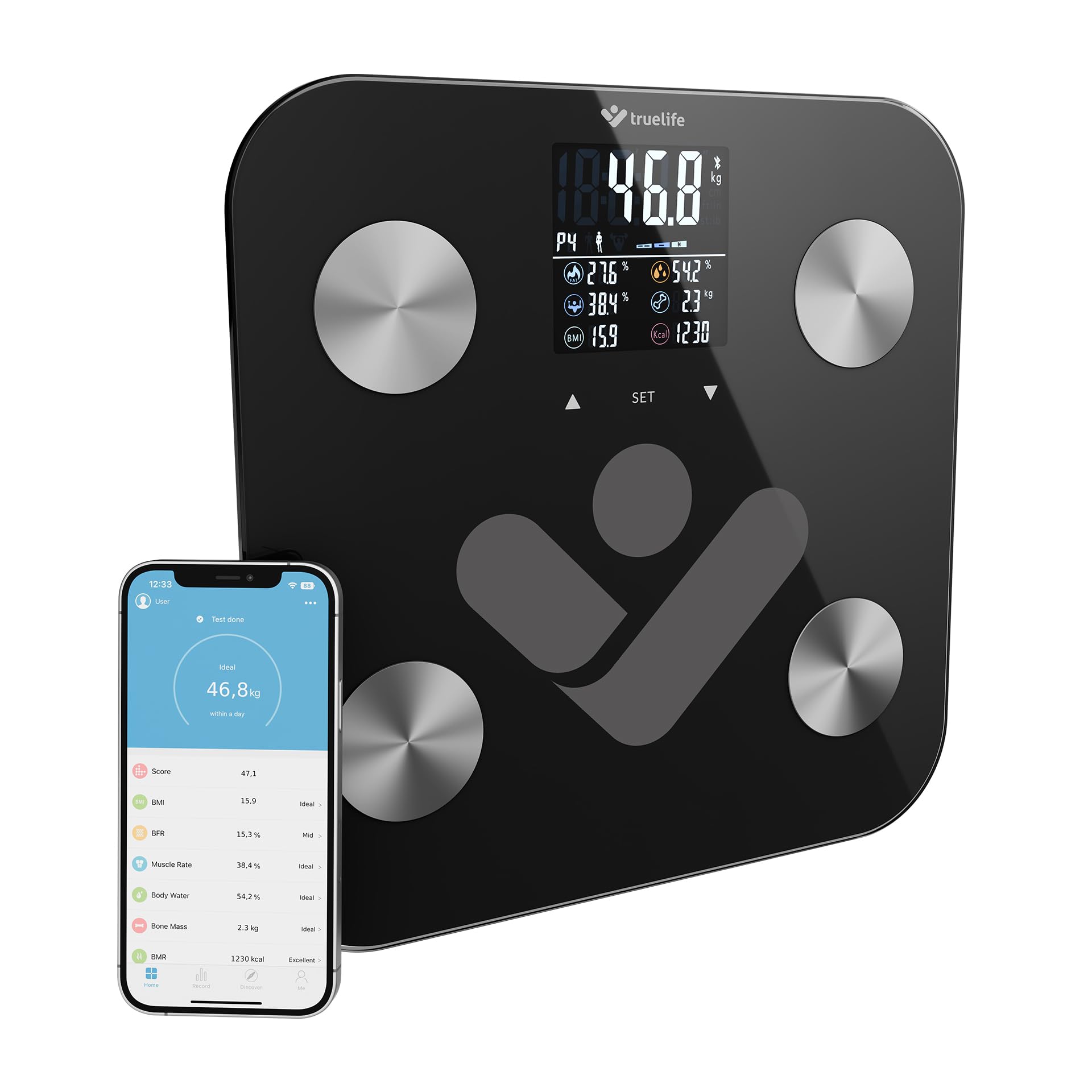 TrueLife FitShape S6 BT Báscula de baño digital, Bluetooth, báscula corporal para personas, 19 datos de medición, pantalla LCD a color, hasta 8 usuarios, báscula con grasa corporal y masa muscular,