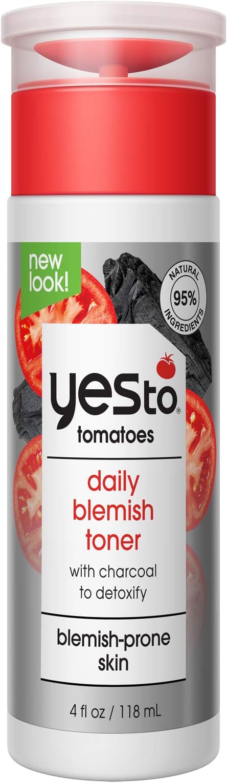 Yes To Tomatoes Daily Blemish Toner, Deep Cleaning Formula To Purify Pores & Fight Blemishes, With Witch Hazel, Tea Tree, Salicylic Acid, Charcoal, AHAs & BHAs, Natural, Vegan & Cruelty Free, 4 Fl Oz
