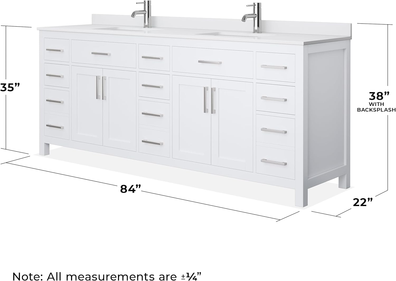 Beckett 84 Inch Double Bathroom Vanity in White, White Cultured Marble Countertop, Undermount Square Sinks, No Mirror