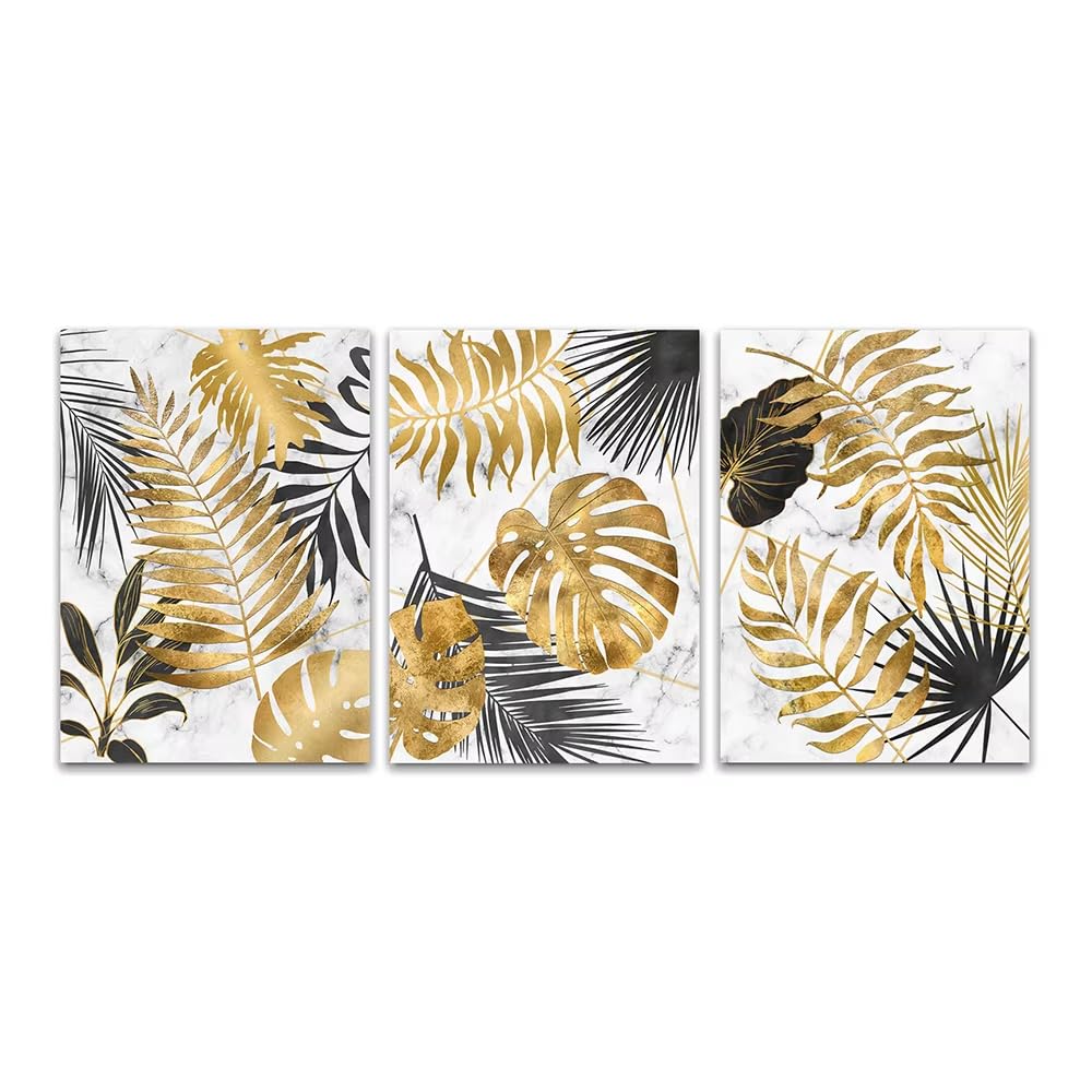 AEFOUU 3Pcs Wall Art Abstract Golden Tropical Monstera Leaf Poster Still Life Pictures Canvas Painting for Living Room Wall Decor(40x60cm/16x24in/Internal Frame)