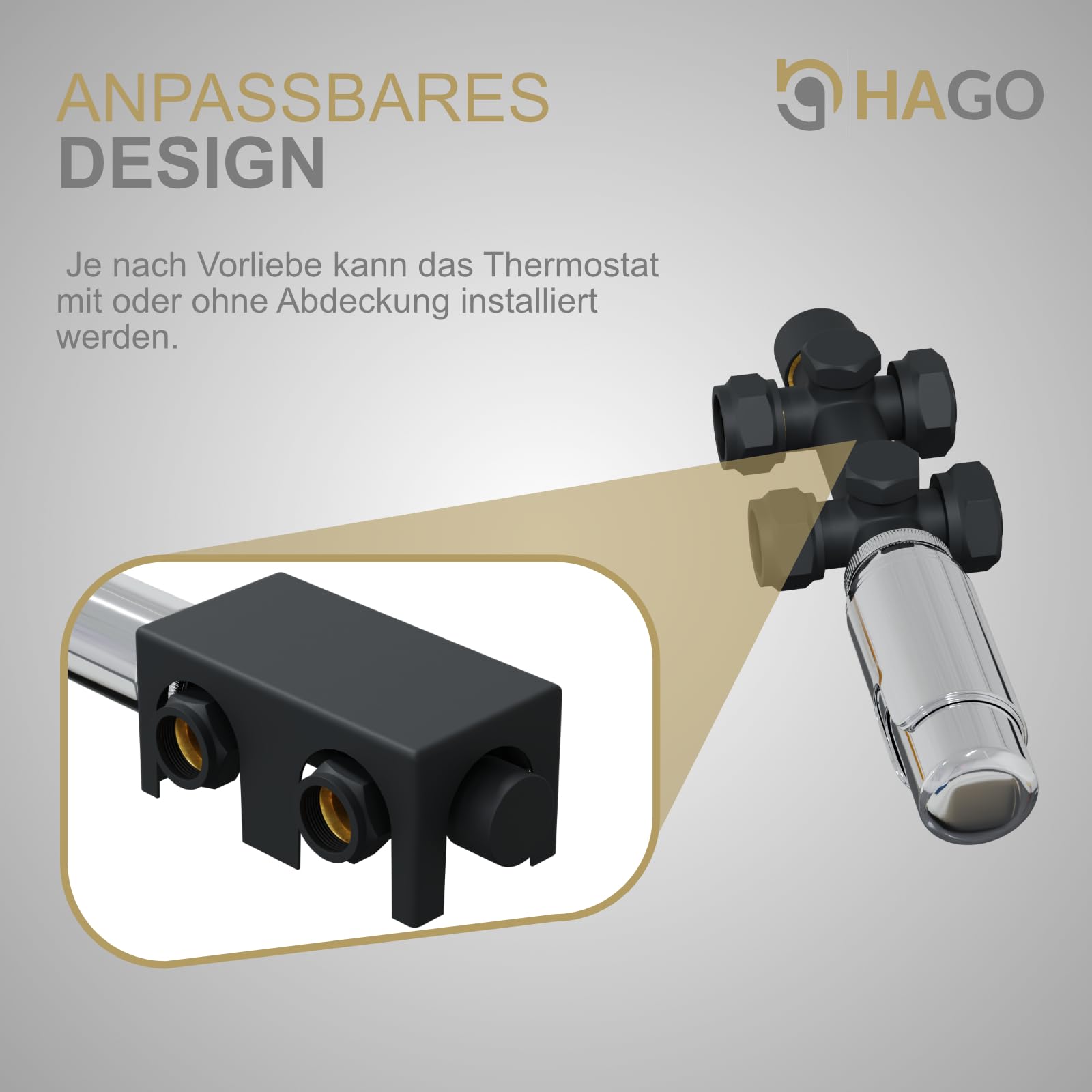 HAGO 24, valvola termostatica, termosifone, attacco centrale da 50 mm, universale, antracite, forma angolare, forma passante, sensore idrosensore, protezione antigelo, 5 livelli