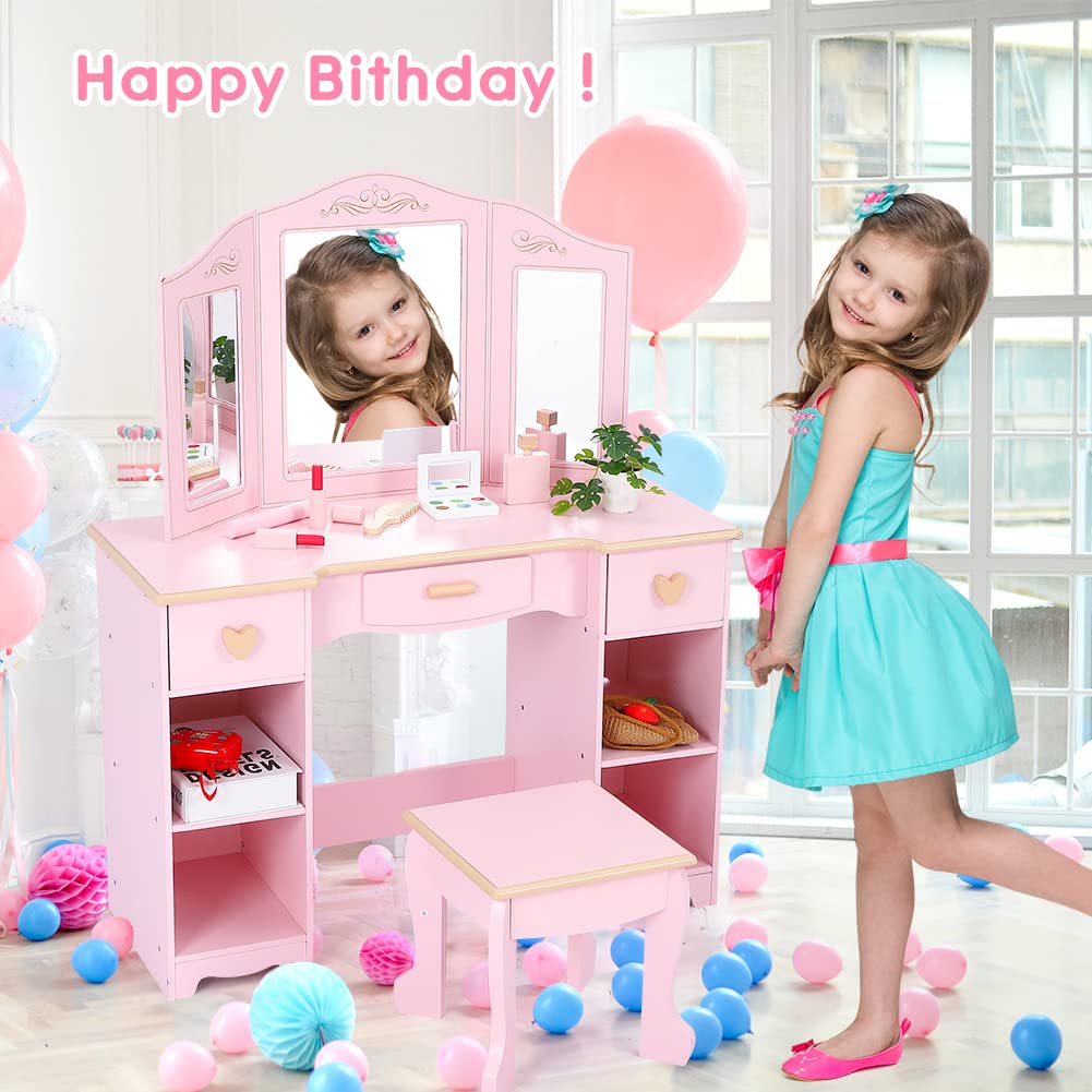 Acekool Mueble Tocador Decorativo Infantil De Madera para Niñas, Conjunto con Silla, Espejo Triple, Cajones y Estante Abierto, Dormitorios Infantiles y Cuartos De Juegos 4 a 9 Años