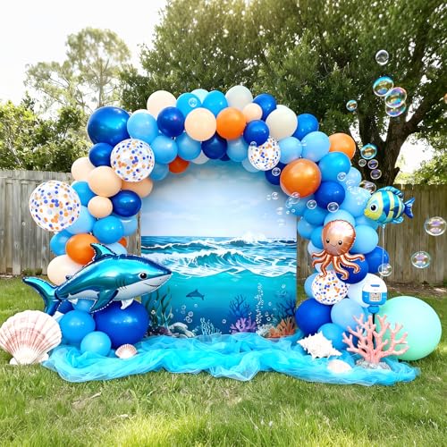 Image of Bezente Blue and Orange Party Latex Balloons Kit 60pcs 12-in with 1 ribbon | Light Royal Blue Nude Orange Confetti Helium Balloons for Kids Birthday Baby Boys Shower Anniversary Graduation Party Decor