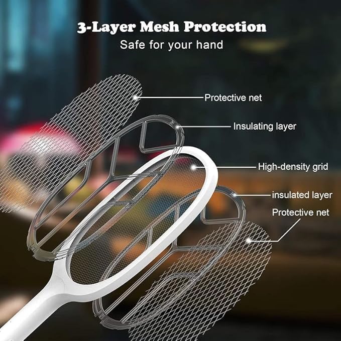 Image of 2 in 1 Mosquito Killer Racket with UV Light | Manual & Auto Kill Modes | Rechargeable Lithium Battery | Type-C USB Charging | Electric Mosquito Bat with Base Stand (White)