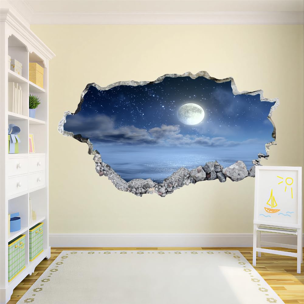 Pegatinas de decoración de pared 3D Nube De Luna Pegatinas De Pared Calcomanías Murales De Pared Rotas 3D Paisaje Natural Vinilo De Pared Arte Hogar Decoración De Pared 112x75cm
