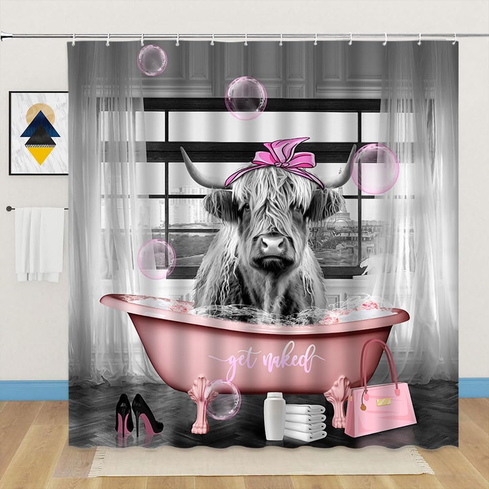 Fashion Highland Cow Shower Curtain Get Naked Pink Funny Cute Animal Bathtub Bubble High Heel Bag Farmhouse Bathroom Decor Fabric Curtains with Hook 106Wx70H Inches