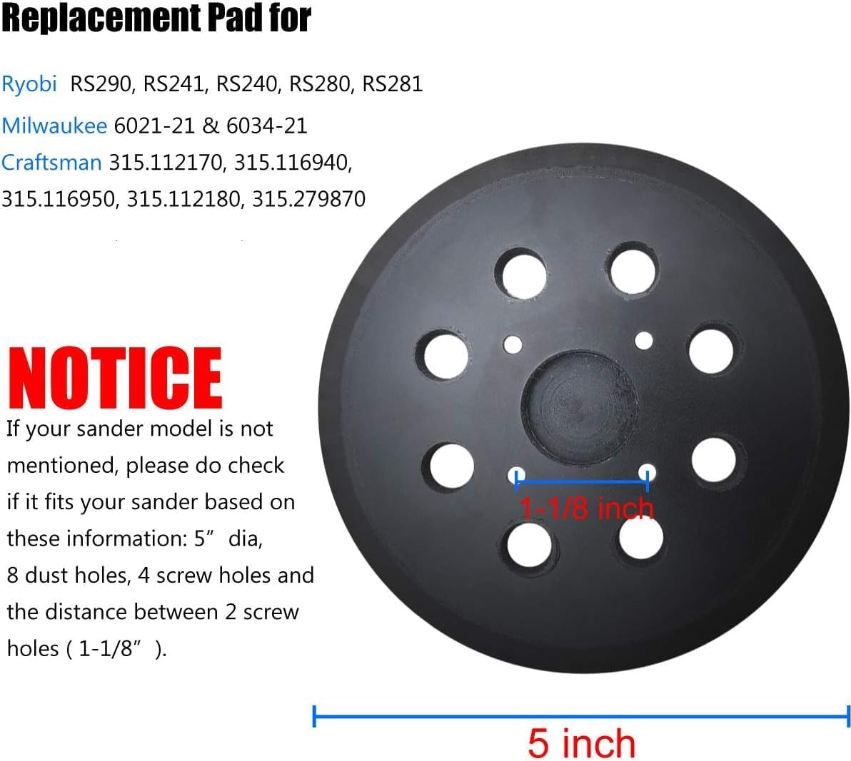 2 Pack 5" Universal Hook and Loop Orbital Sander Pad for Ryobi RS290, RS240, RS280, Ridgid R2600, R2601, Craftsman 315112170, 315116940 ROS Orbital Sander