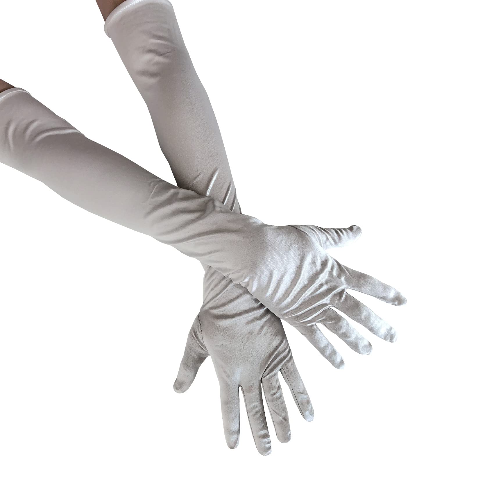 SYAYA Long Opera Party Gloves for Women, 1920s 20s Satin Gloves Elbow Length for Bridal Evening Dress & Wedding & Dance W-G-1, Silver, One Size