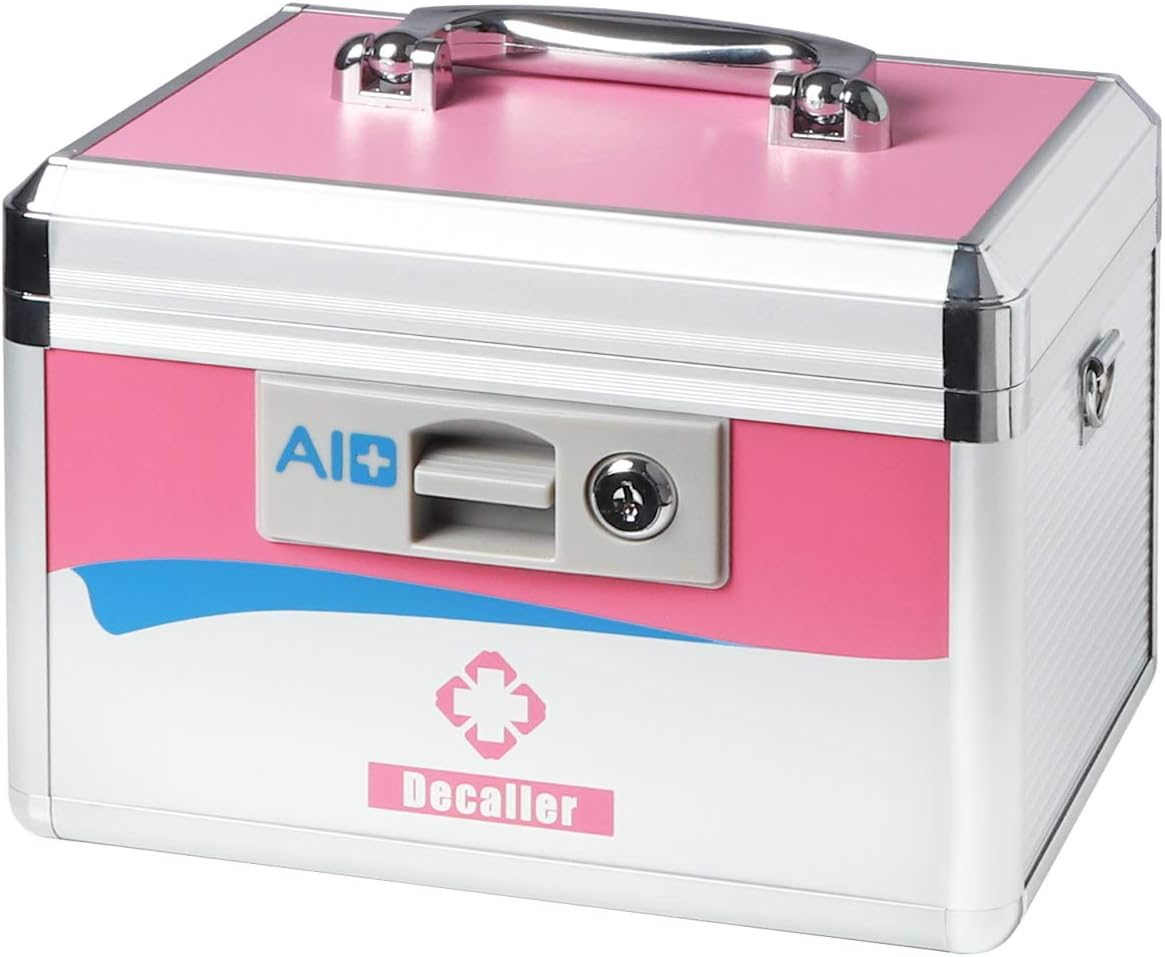 Decaller Medical Box with Lock, Medicine Case with Removable Tray & Handle & Shoulder Strap, 10 1/2" x 7 3/5" x 7 3/5", Pink, YLX002S