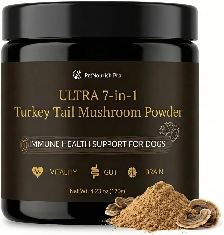Turkey Tail Mushroom Powder for Dogs – Ultra 7-in-1 Mushroom Powder with Beta-Glucans, Immune, Digestive & Brain Support, Chicken Liver Flavor, Daily Supplement for Dogs-120g