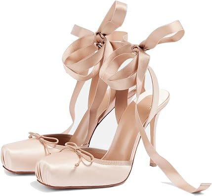 Womens Satin Ballet Slingback High Heels with Bows Closed Square Toe Lace-Up Stiletto Pumps Elegant Mary Jane Wedding Party Shoes