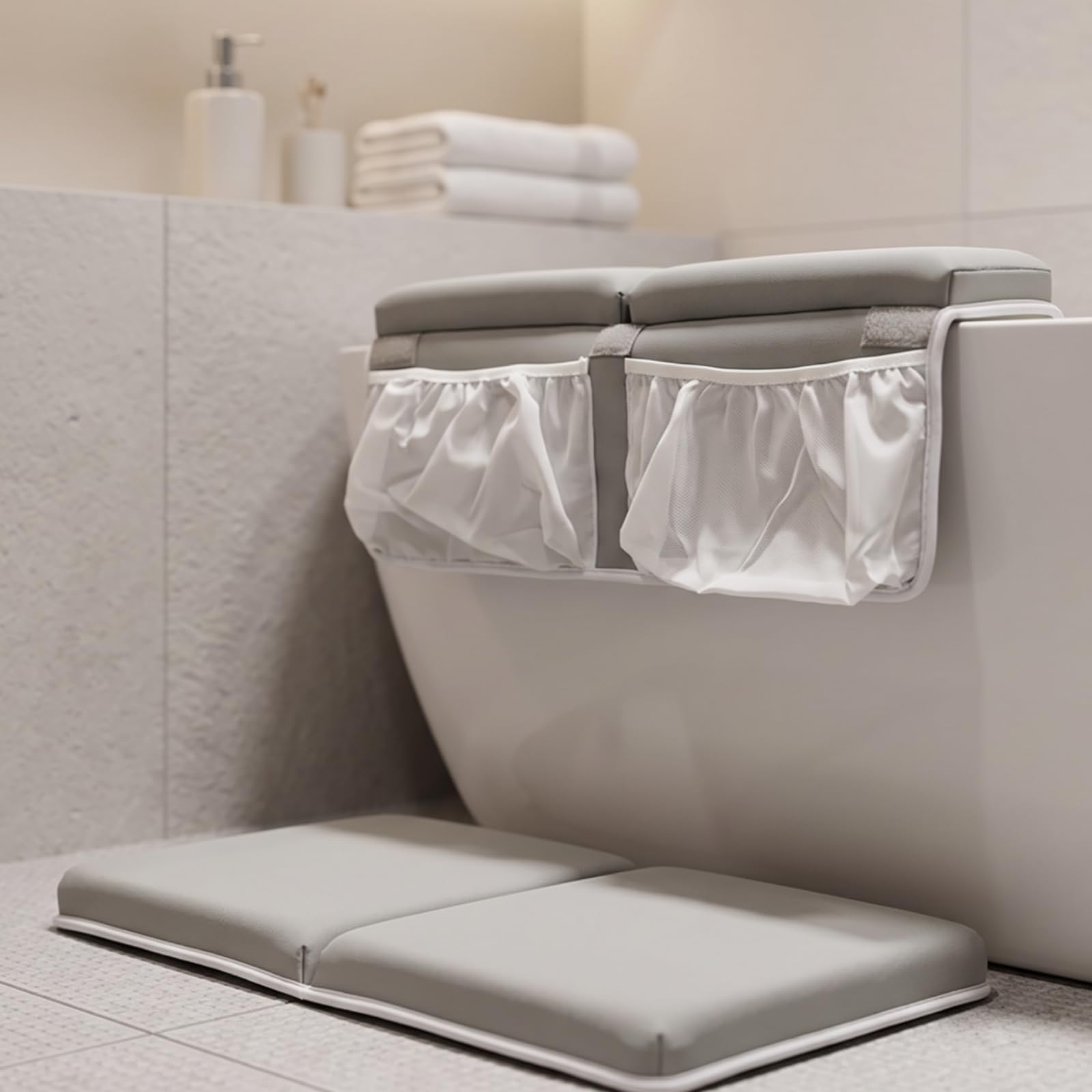 Inginocchiatoio da Bagno Pieghevole, Grigio Chiaro, Modello Pieghevole Con Tasca, 6 Ventose, Confezione In Sacchetto Di Polietilene, Grigio Chiaro