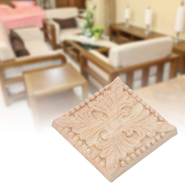 4Pcs Wood Carved Applique Unpainted Checkered Decal Vintage Flower Corner Natural Onlay Furniture European Style Bed Door Cabinet Wall DIY Frame Decor for Home (2#)