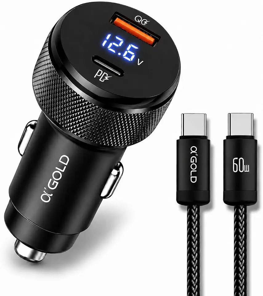 Carregador Veicular Turbo 60W USB-C PD USB-A QC com Cabo USB-C | Carregador Veicular Turbo 60w 9.1A