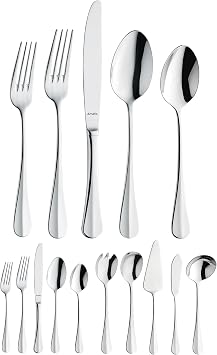 Amefa Baguette 45-Piece Flatware, Set for 8 Stainless Steel Silverware, Polished Mirror Finish, Rust-Resistant Cutlery with Dinner Forks, Knives, Spoons, Salad Forks & Teaspoons for Everyday Dining