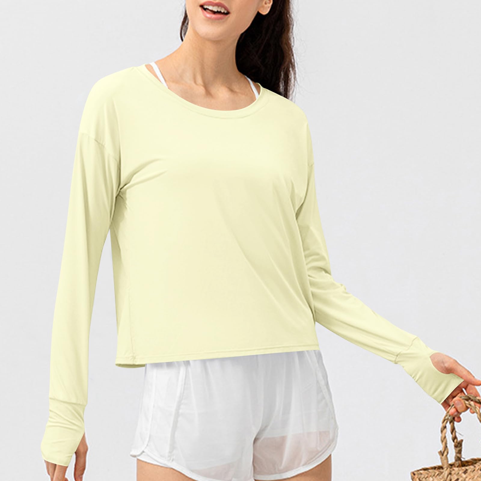 Women's Long Sleeve Shirts Summer 2025 UPF 50+ Sun Protection Shirts for Fishing Lightweight Rash Guard Swim Shirt Yellow Womens Running Tops XS