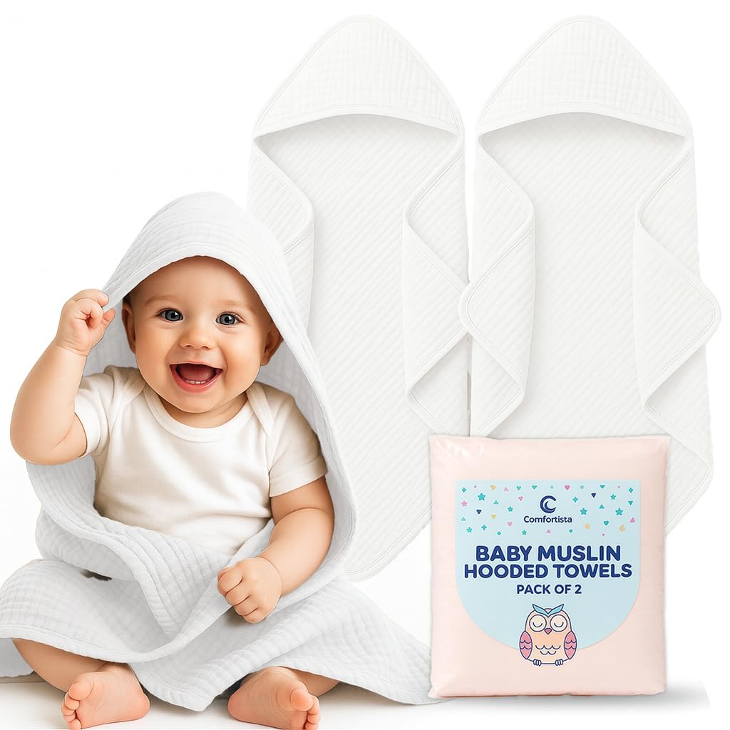 Baby Towels with Hood Muslin Fabric 2 Pieces White Soft Baby Bath Towel Hooded for Extra Warmth Extra