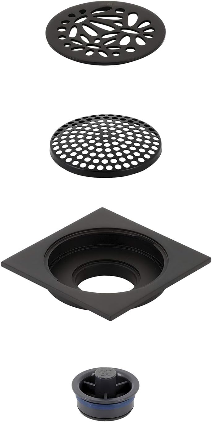 Floral 4" Brass Square Grid Shower Drain with Hair Strainer, Oil Rubbed Bronze
