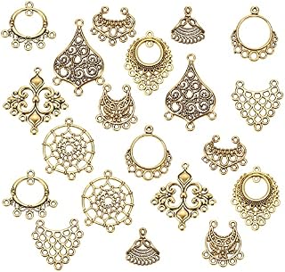 SUNNYCLUE 1 Box 40pcs 10 Styles Chandelier Connector Charms Component Links Alloy Hollow Filigree Pendants Flat Round Teardrop Triangle Shape for Jewelry Making Earring Supplies,Antique Gold