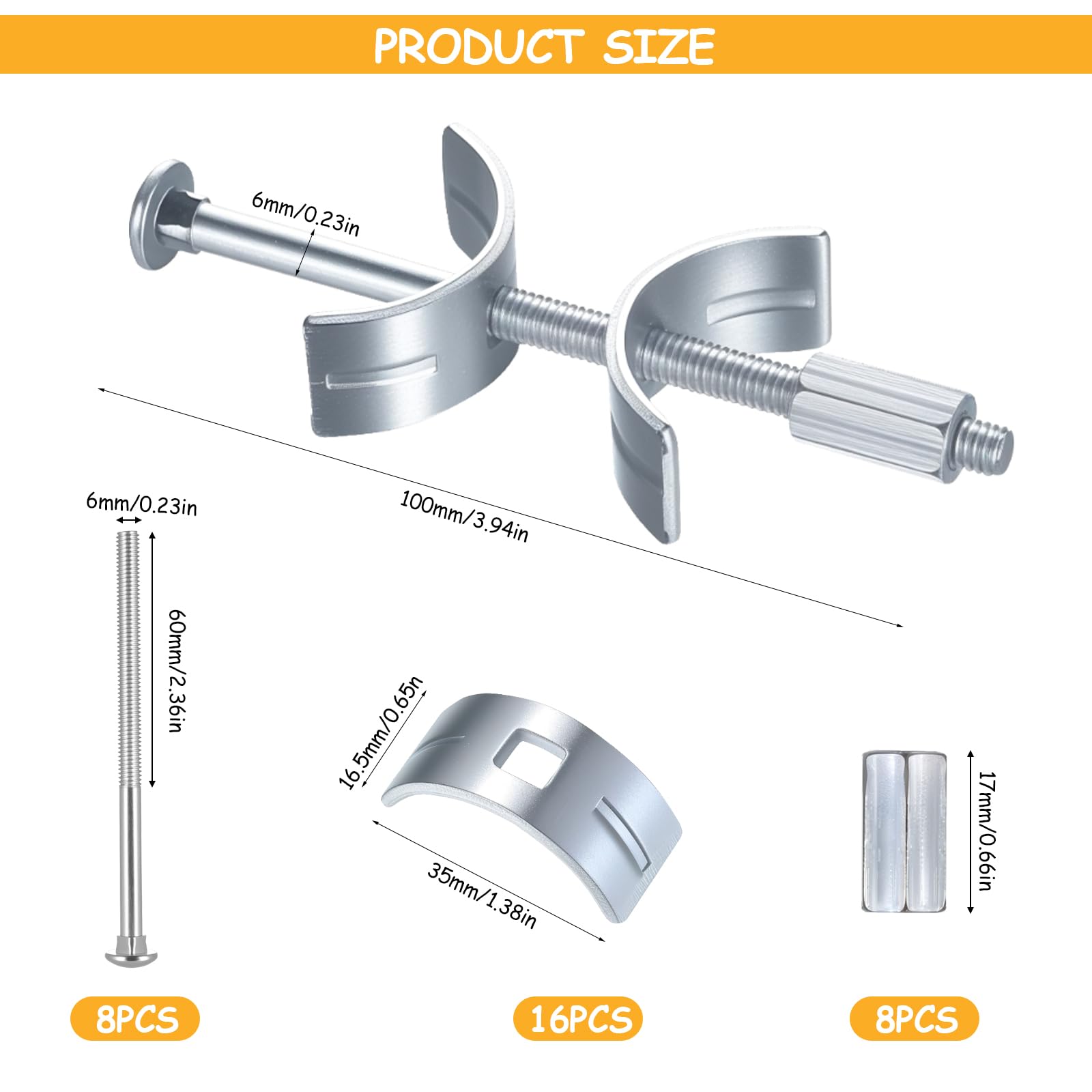 8 zestawów złączy do blatów roboczych M6 x 100 mm, złącza do mebli, szafek, paneli kuchennych, blatów stołowych, śrub i nakrętek do łóżek z podkładkami półksiężycowymi