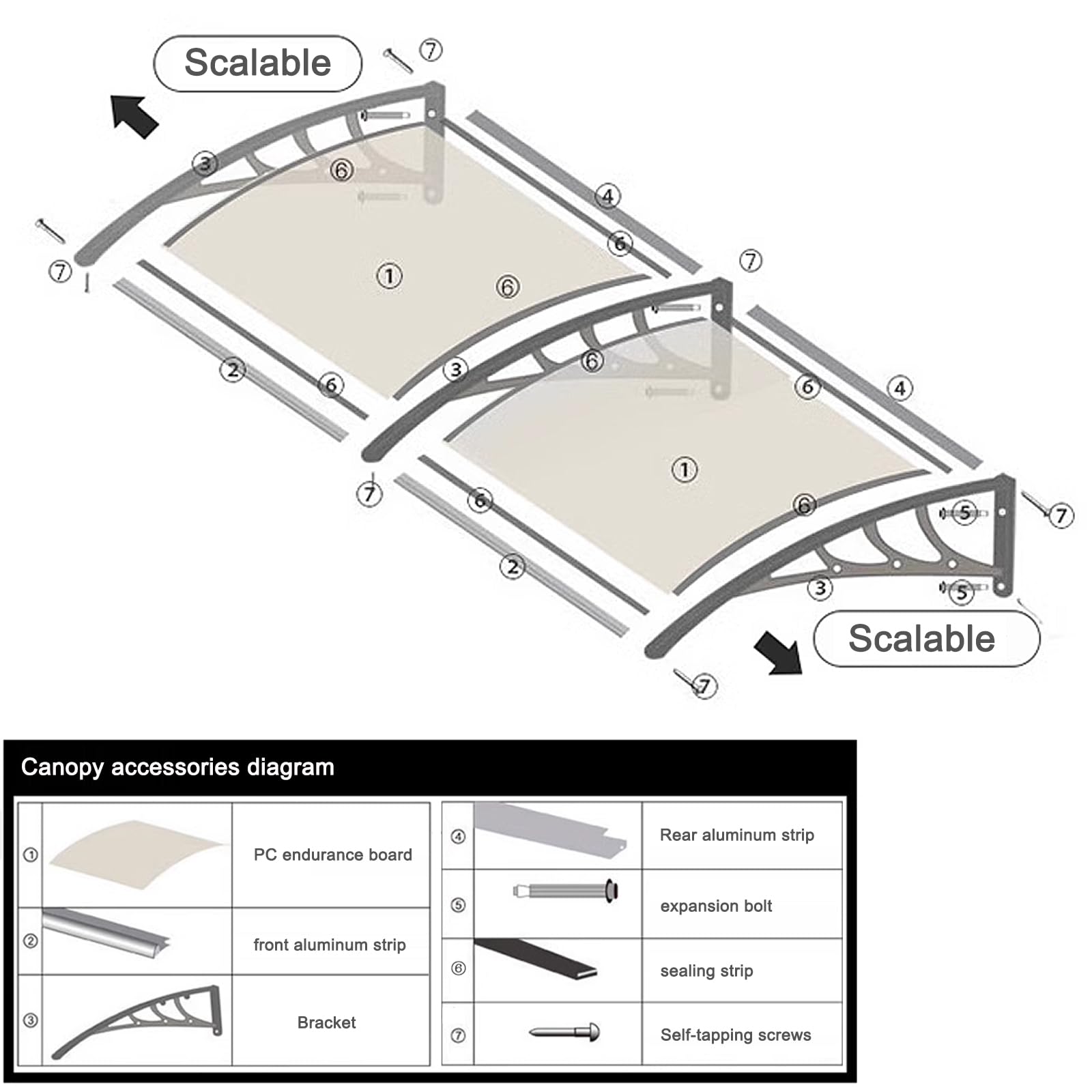 Schallschutz-Vordach für den Außenbereich, überdachte Veranda, mit gebogenem Fenster, Regenschutz, transparentes Polycarbonat mit schwarzer Halterung, Tragkraft 150 kg, 100 x 180 cm (39 x 71
