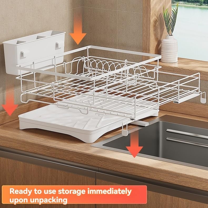 Dish Drying Rack Expandable Dish drainers for Kitchen Counte(White) | Over The Sink Dish Drainer Drying Rack,Rustproof Dish Drainer with Utensil Holder and Drainboard