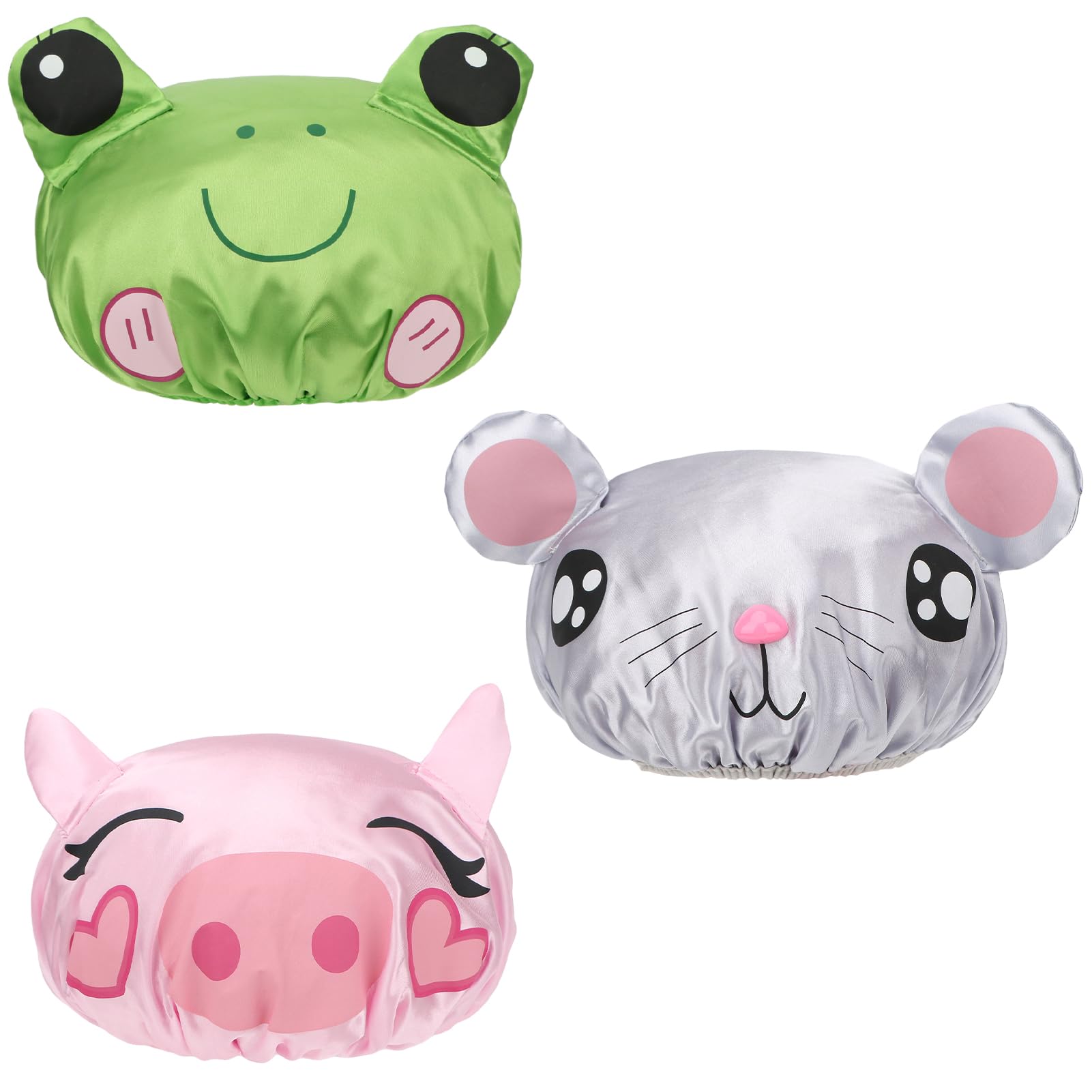 kilofly 3pc Fun Cute Animal Shower Caps for Kids Reusable Waterproof Bath Hat Set