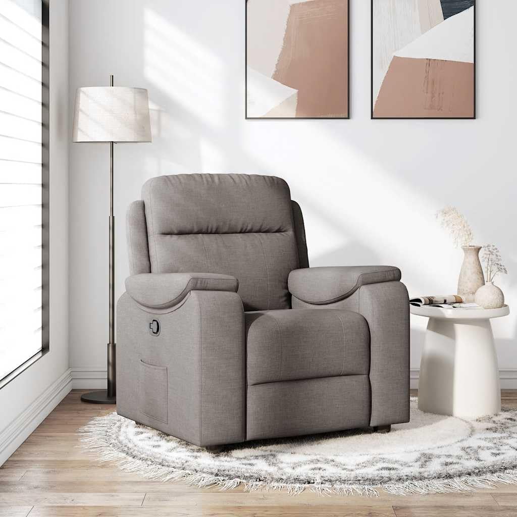Fotel relaksacyjny w kolorze szarobrązowym (taupe), z regulowanym oparciem i podnóżkiem, drewniana rama metalowa, ergonomiczne krzesło wypoczynkowe do salonu, biura, czytania, relaksu i