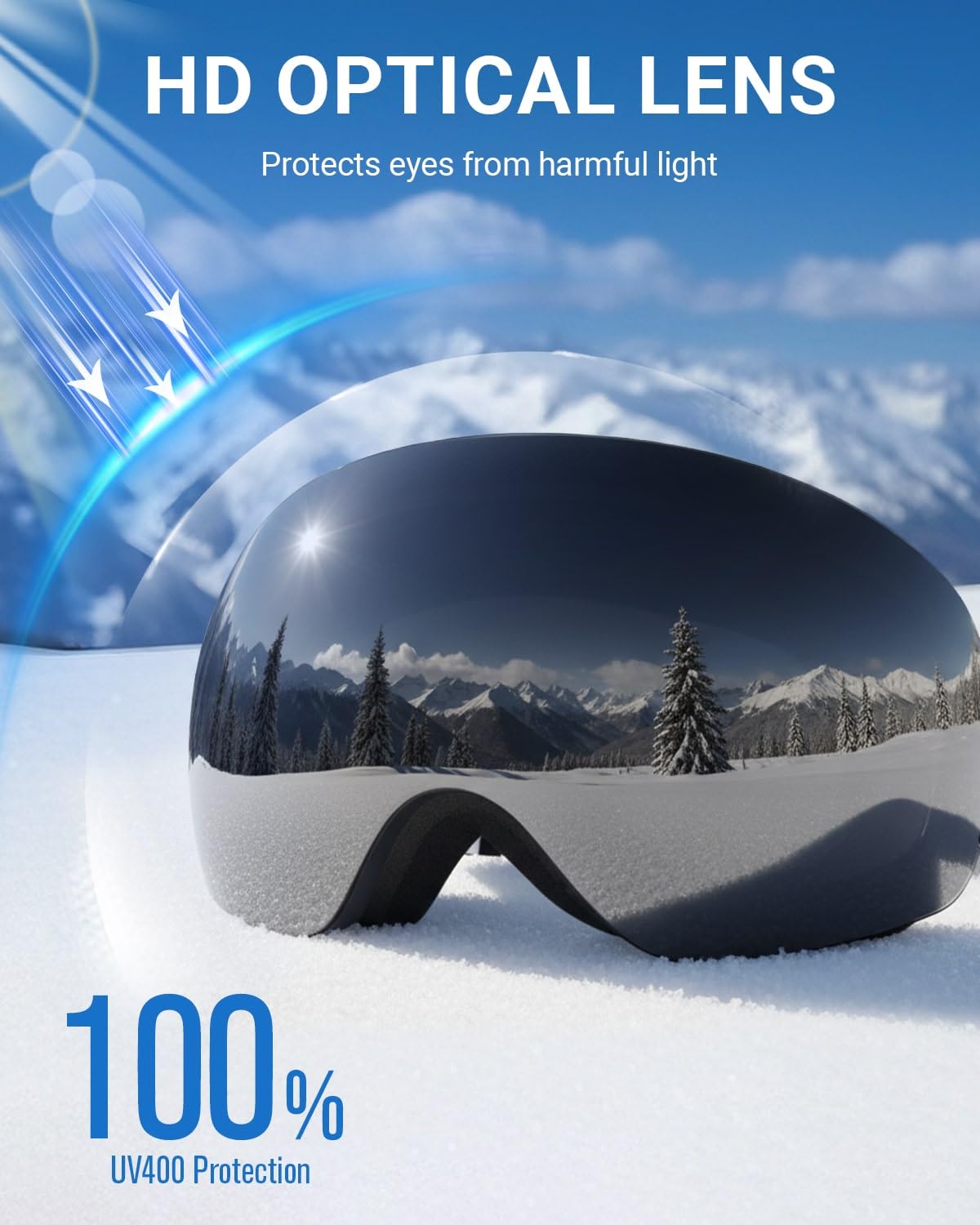 Meeloog Lunettes de ski - Sans cadre - Lunettes de snowboard OTG - Anti-buée - Protection 100 % UV400 - Pour homme et femme