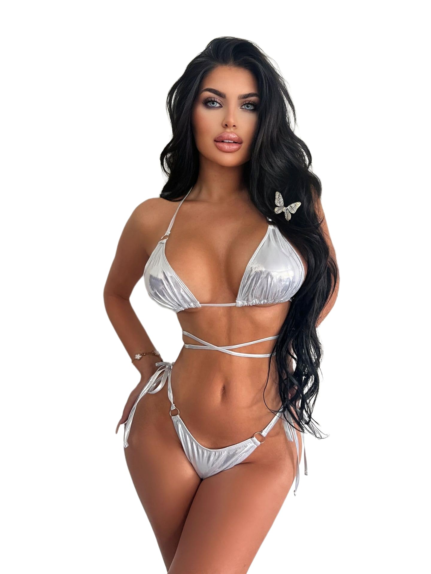 GenericWomen Metallic Bikini Set, Tie Halter High Leg, 2Pc Triangle Swimsuit