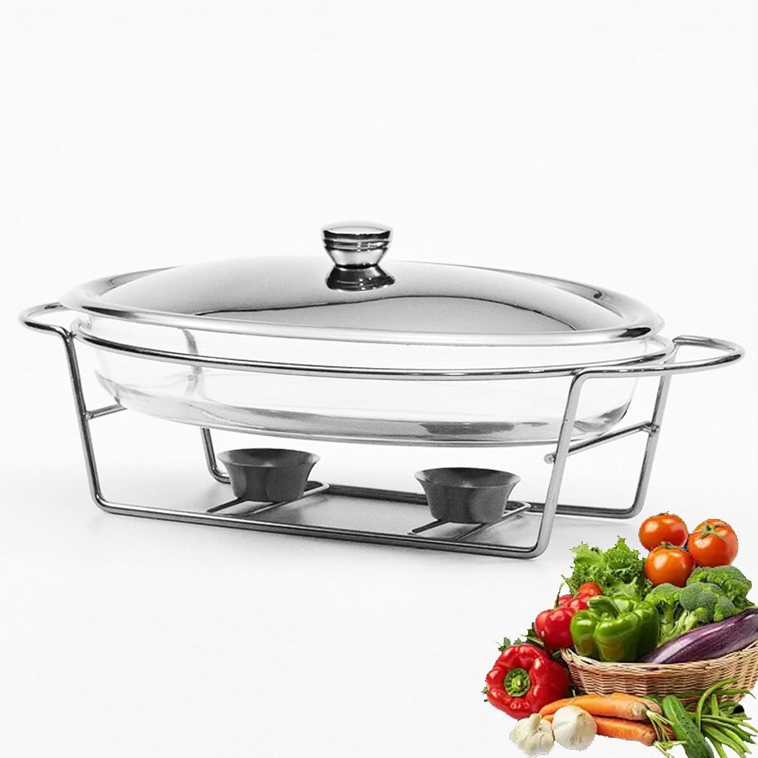 Juego de platos para buffet con olla de vidrio y tapa, recipiente ovalado de 3 L, soporte de metal para catering, bodas, fiestas, banquetes y eventos