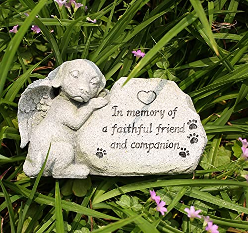 Dog Memorial Stone Statue, Sleeping Dog Angel Figurine Forever In Our Hearts, Dog Grave Markers Outdoor For Deceased Pet, Loss Of Dog Memorial Sympathy Gifts Antique Stone Finish 8.86 Inch #TOP6