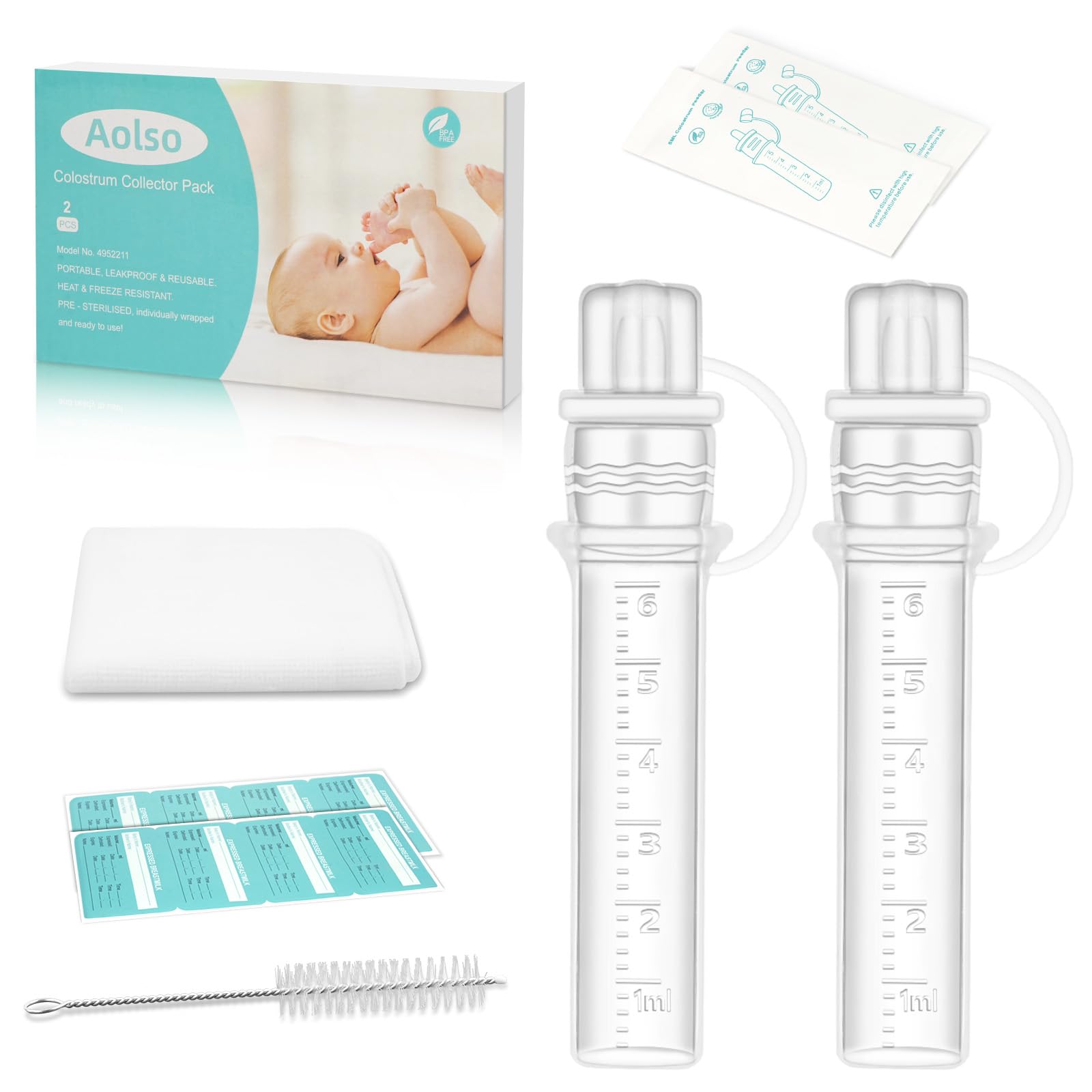 Aolso Colostrum Collector, 2PCS /6ml Wiederverwendbarer Muttermilch-Sammler, Silikon Kolostrum Sammler BPA-frei, Mehrzweck-Sammler Tragbarer, mit Baumwoll-Reinigungstuch, Etikettenaufklebern
