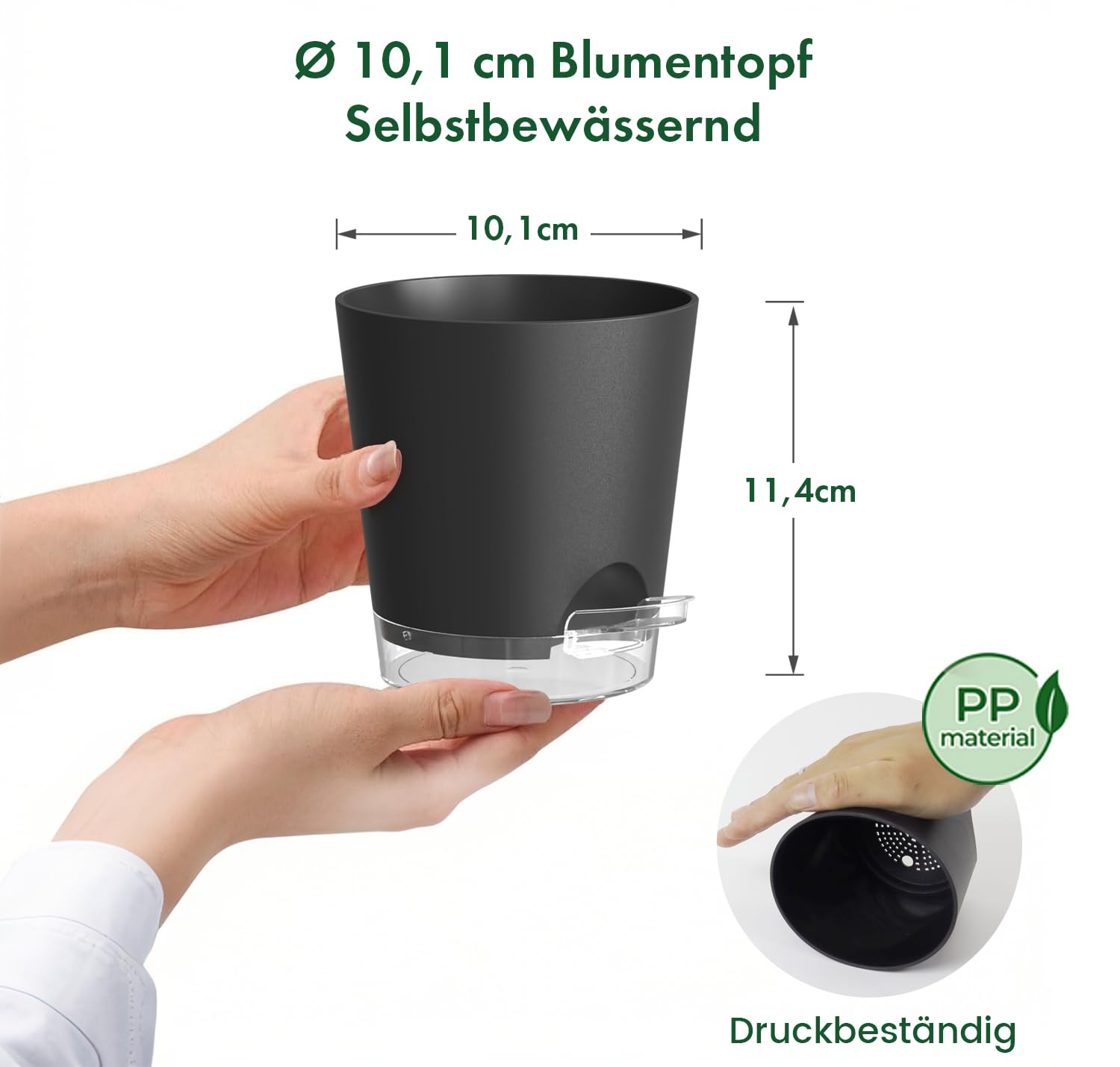WSMKSZ 10,2 cm Selbstbewässerungstopf, 5er Set Kunststoff Blumentöpfe mit Abflusslöchern und Transparentem Wasserreservoir, Sichtbarer Wasserstand, Pflanztöpfe Klein für Zimmerpflanzen, Schwarz
