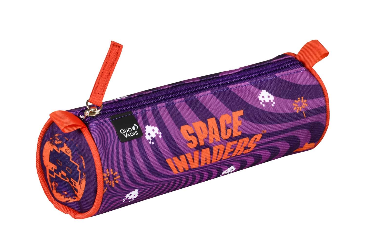 Quo Vadis - School Pencil Case - Round - Space Invaders - Purple - 23x8x8cm - Canvas (Polyester) - 1 Compartment(s)