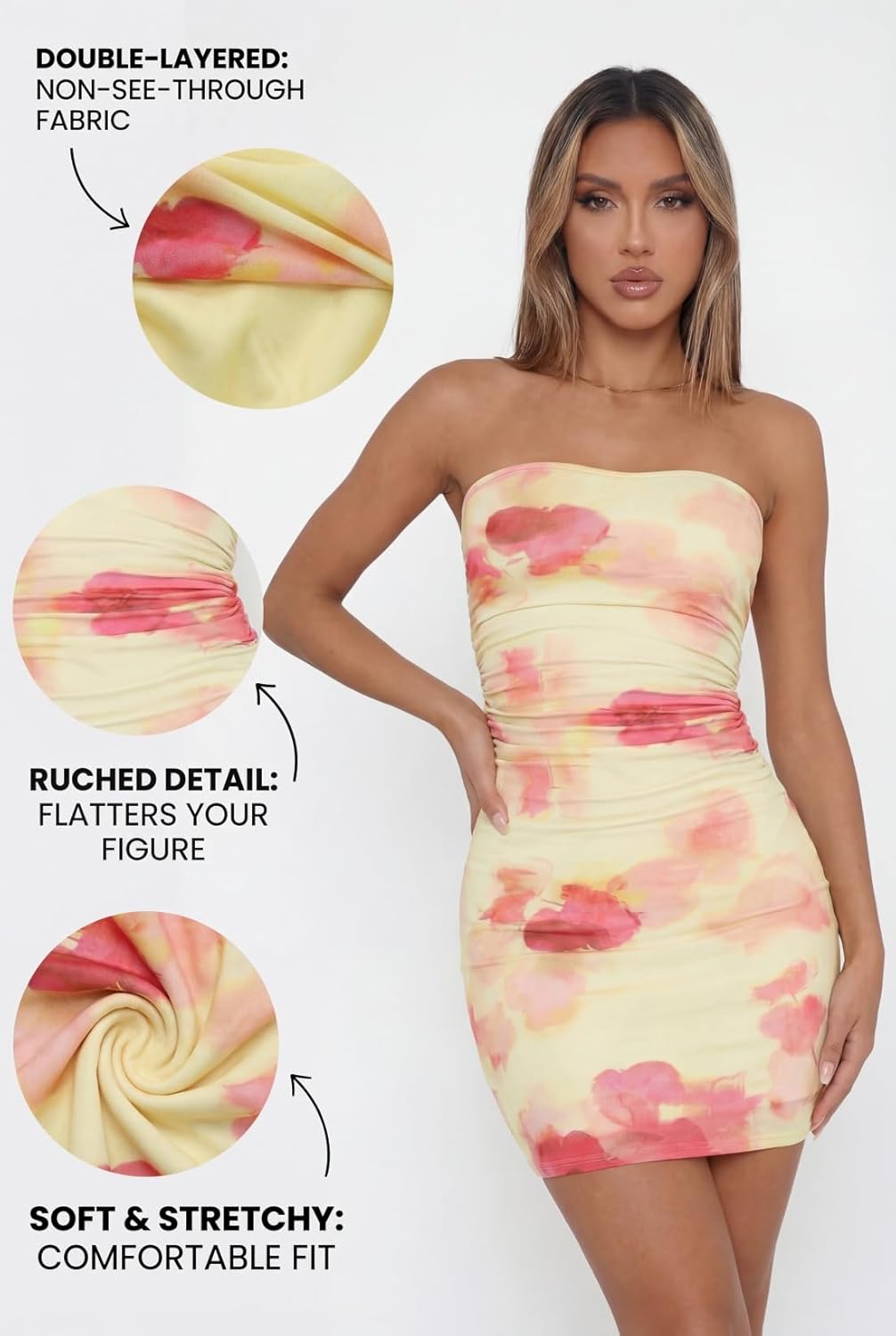 Women's Strapless Tube Top Bodycon Mini Dress, Sexy Ruched Printed Dresses for Club, Party and Night Out - Image 5