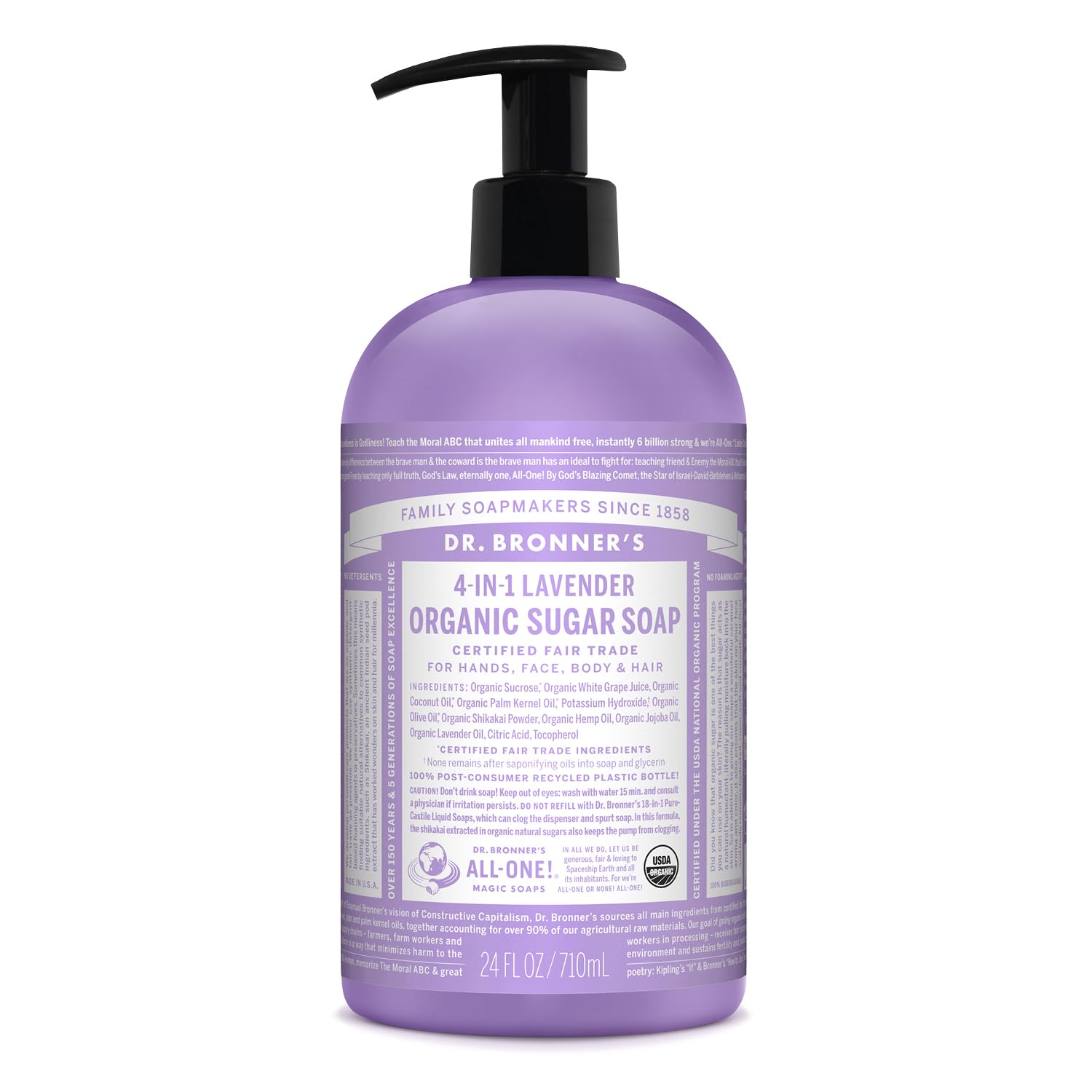 Dr. Bronner's - Organic Sugar Soap (Lavender, 24 Ounce) - Made with Organic Oils, Sugar and Shikakai Powder, 4-in-1 Uses: Hands, Body, Face and Hair, Cleanses, Moisturizes and Nourishes, Vegan