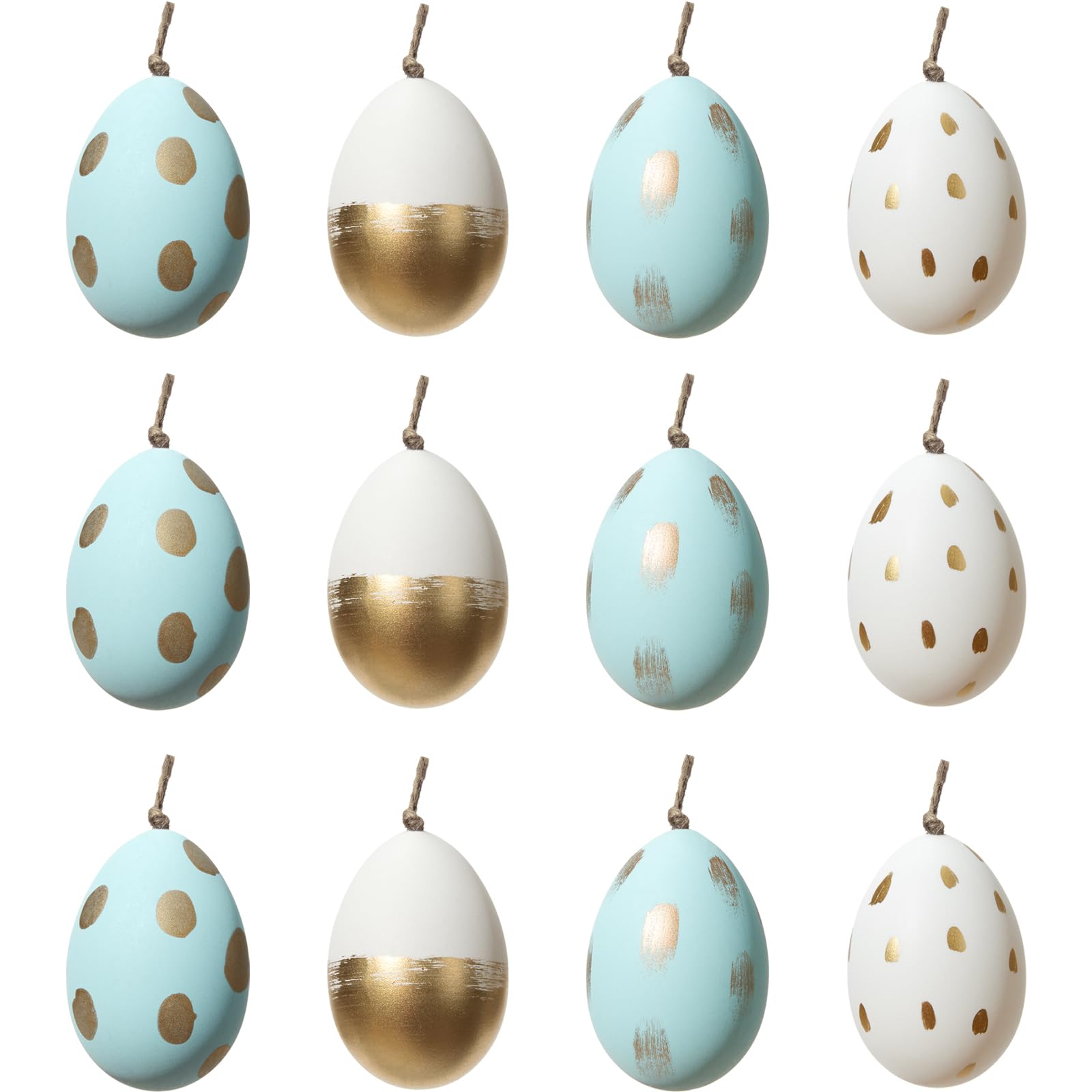 DN DECONATION Set di 12 ornamenti da appendere a forma di uovo di Pasqua, uova di plastica bianche e azzurre con puntini dorati e pennellate, decorazione per la casa fresca primaverile per tavolo da