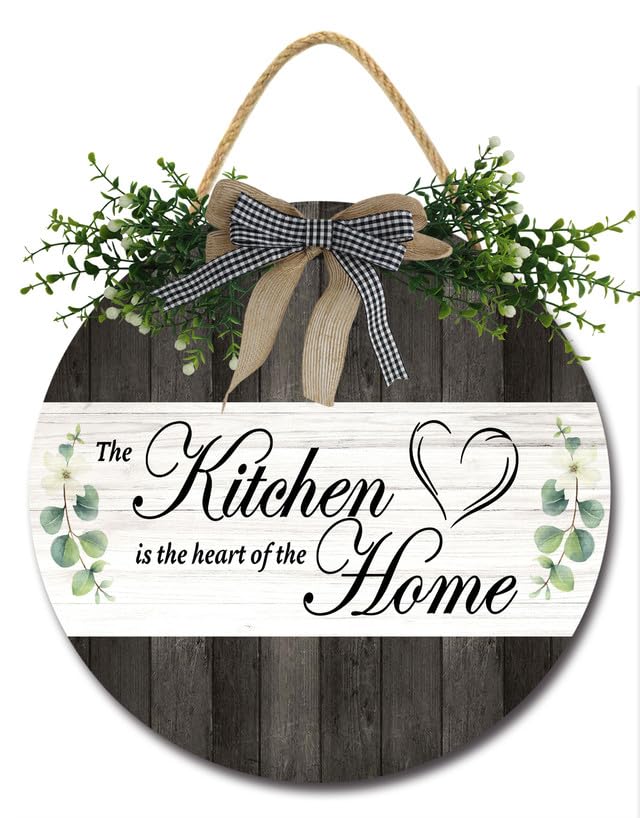 Bidesign The Kitchen Is The Heart Of The Home Kitchen Decor Farmhouse Rustic Kitchen Wall Decor Wooden Round Kitchen Door Sign for Home Decor Dining Room Cabinet Kitchen Decration