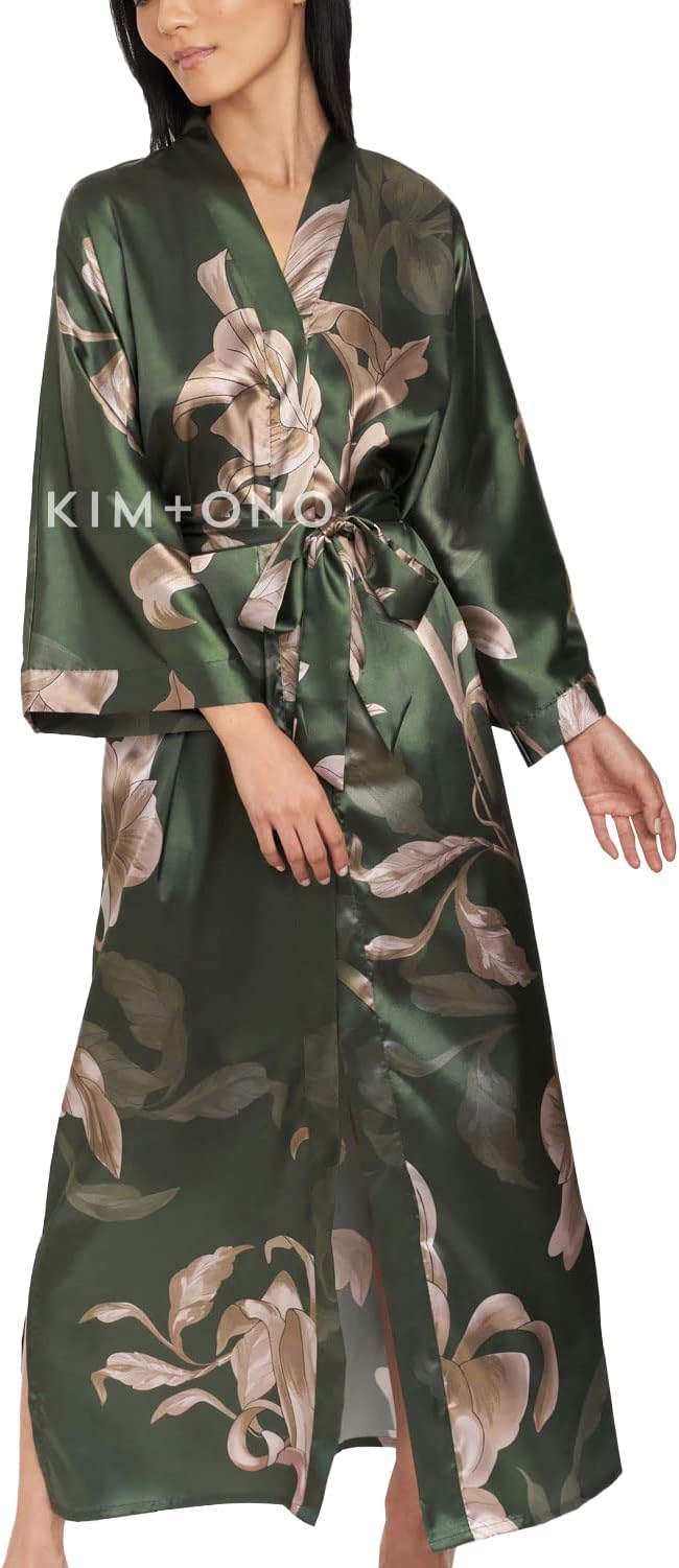 Luxury Kimono Robe for Women | Long Satin Floral Robe | Original Design | Removable Waist Tie Closure