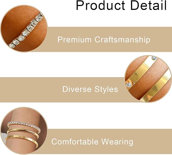 3PCS Gold Bracelet Stack Set, Tennis Gold Bracelets for Womens Set Multi Layer Stackable Cuff Bangle, Jewellery Sets for Women Thin Round Bangle Cuff, Gifts for Ladies