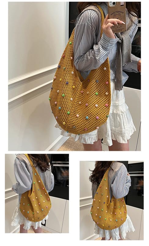 Image of Boho Crochet Beach Tote Shoulder Bag with Colored Beads | Colorful Aesthetic Hippie Knit Bag for Women