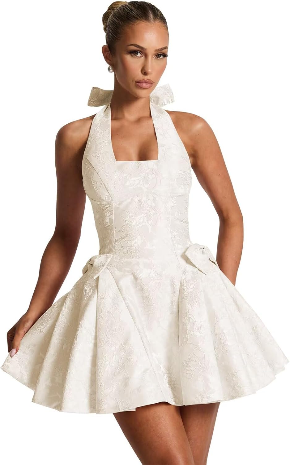 Satin Jacquard Halter Homecoming Dresses with Bow Puffy A Line Corset Summer Formal Evening Gown for Teens
